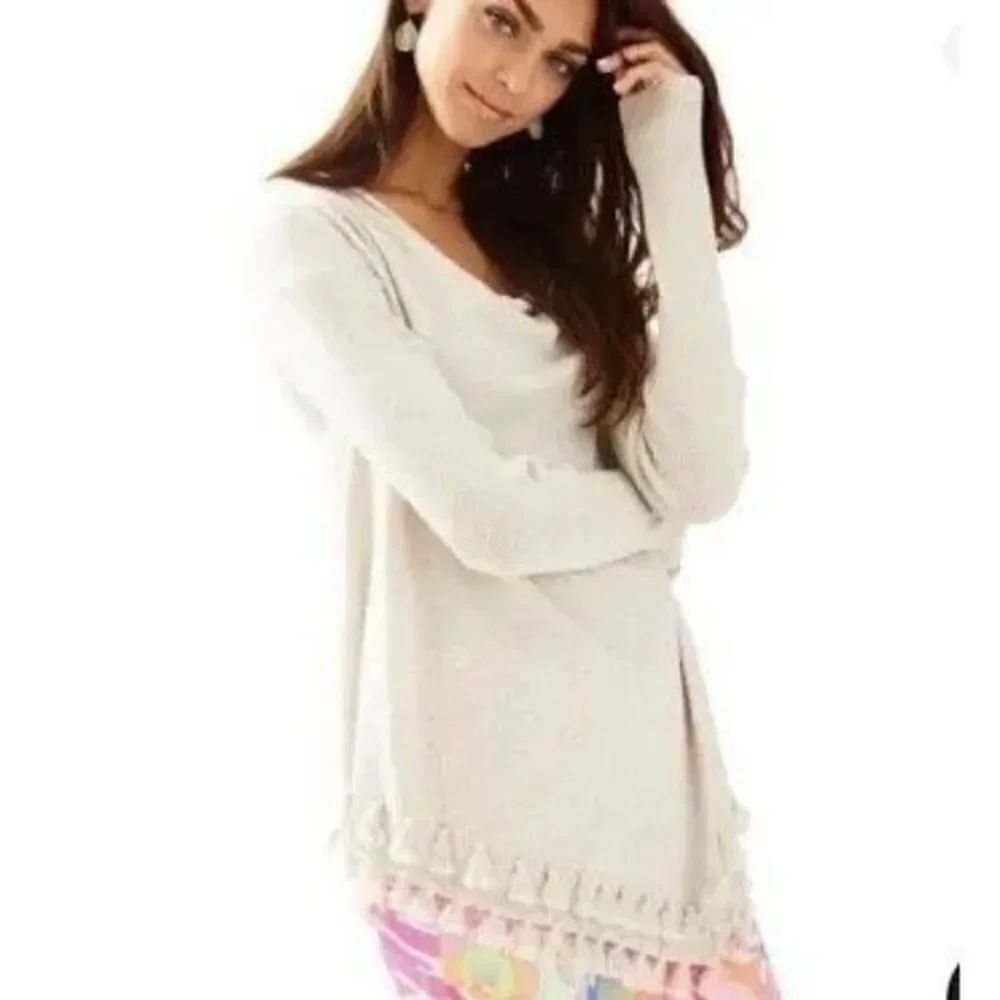 Lilly Pulitzer Ferrera cream tasseled S drape neck sweater